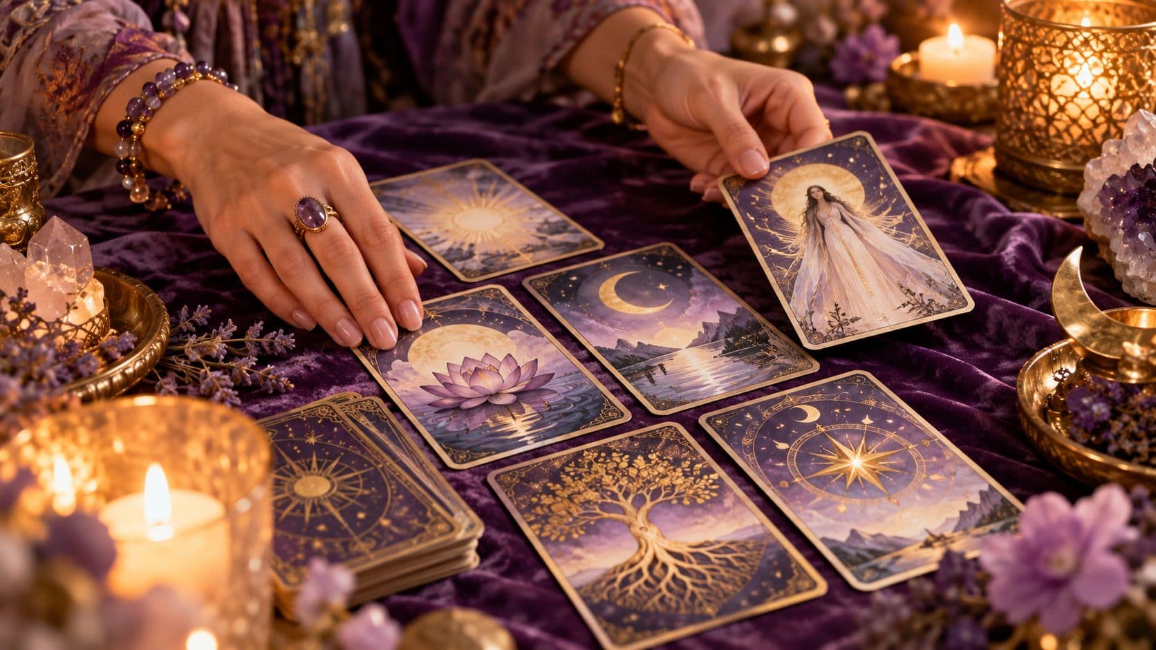 Hands arranging tarot cards on a table
