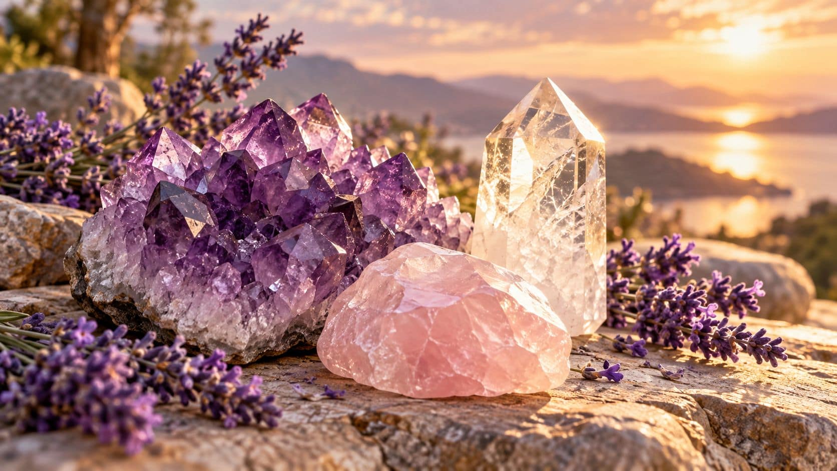 Amethyst rose quartz and clear quartz stones