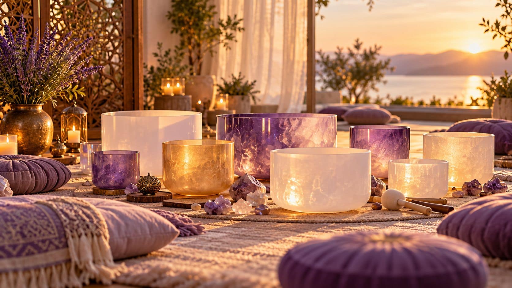 Crystal singing bowls arranged for a sound bath