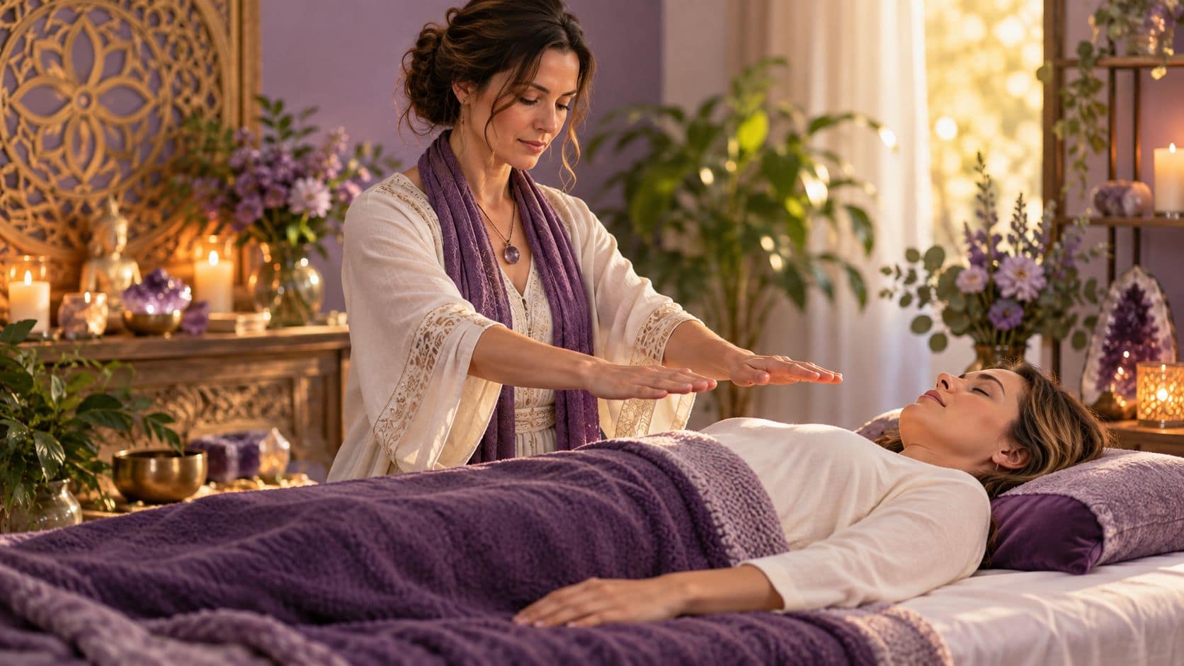 Hands held above a clothed person during a Reiki session