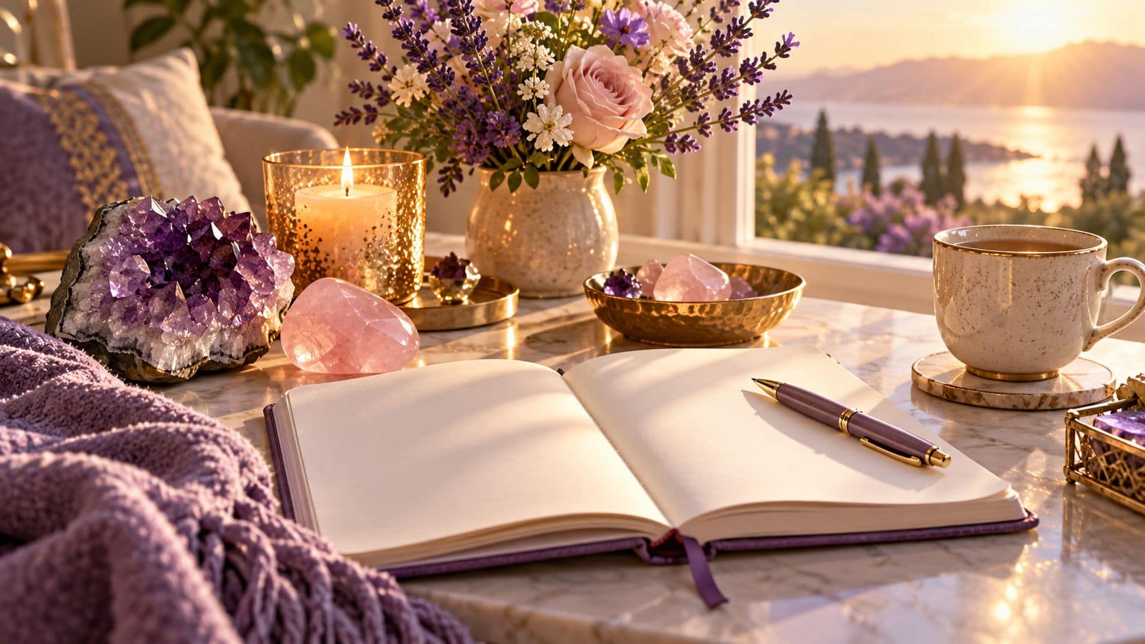Open journal beside crystals and a candle