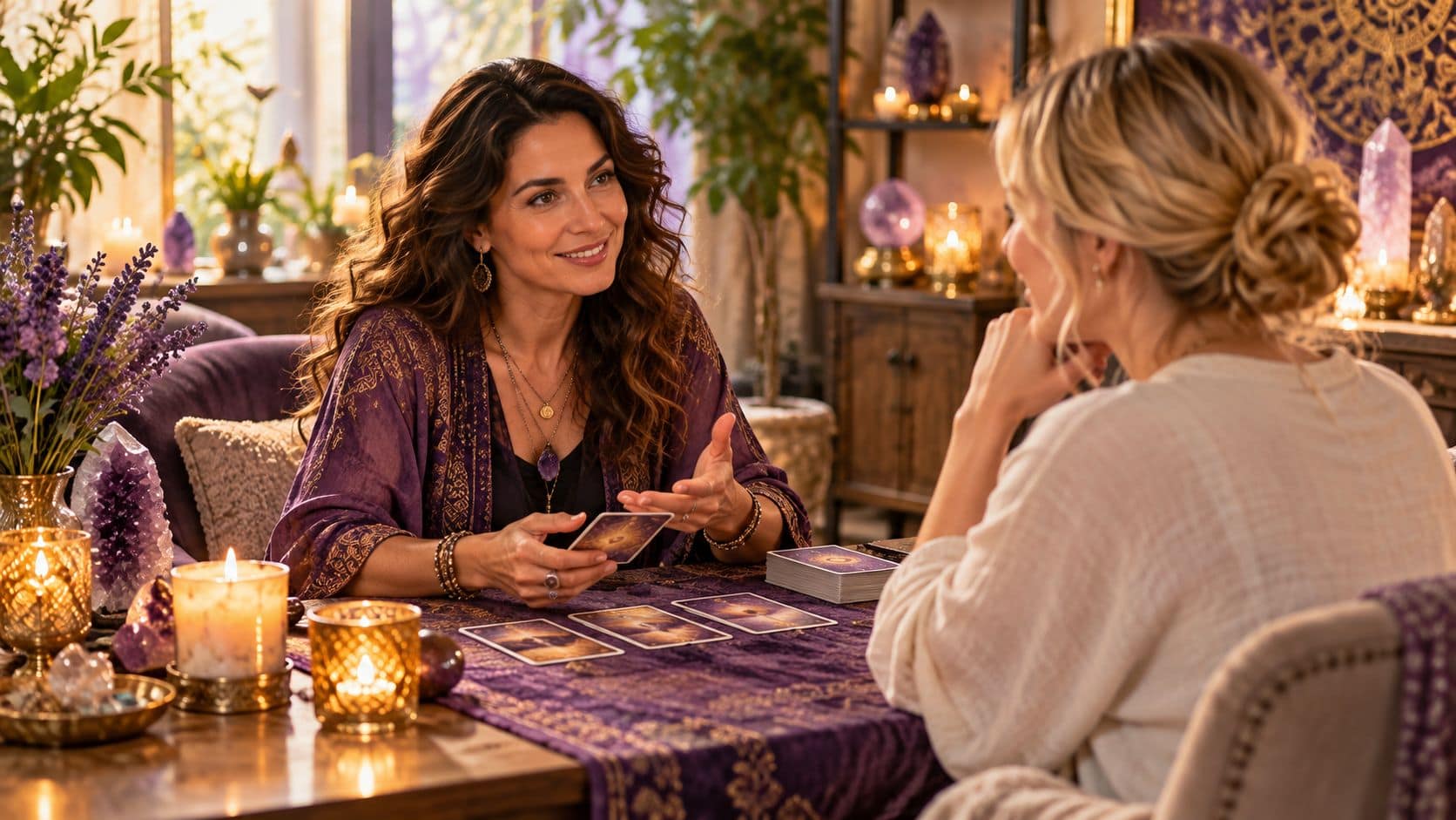 Two women sitting at a table with reading cards